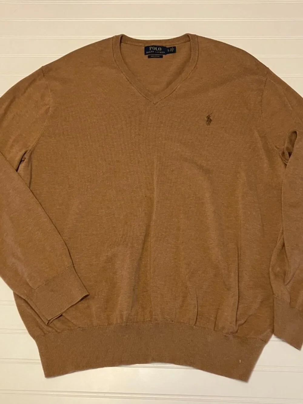 Polo Ralph Lauren Sweater Mens XL Tan Camel Pima Cotton V-Neck Tonal Pony - Picture 2 of 6